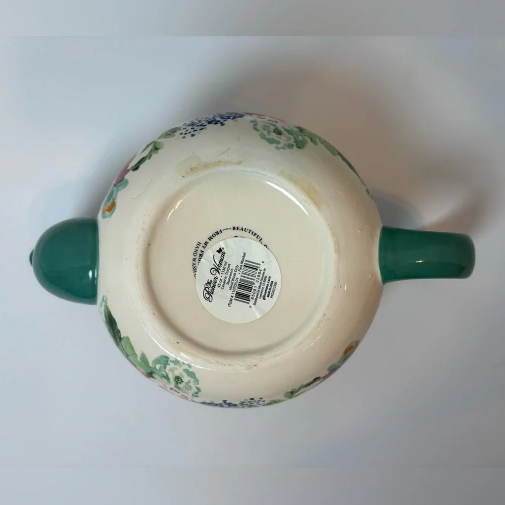 The Pioneer Woman Country Garden pattern ceramic teapot teal with floral design